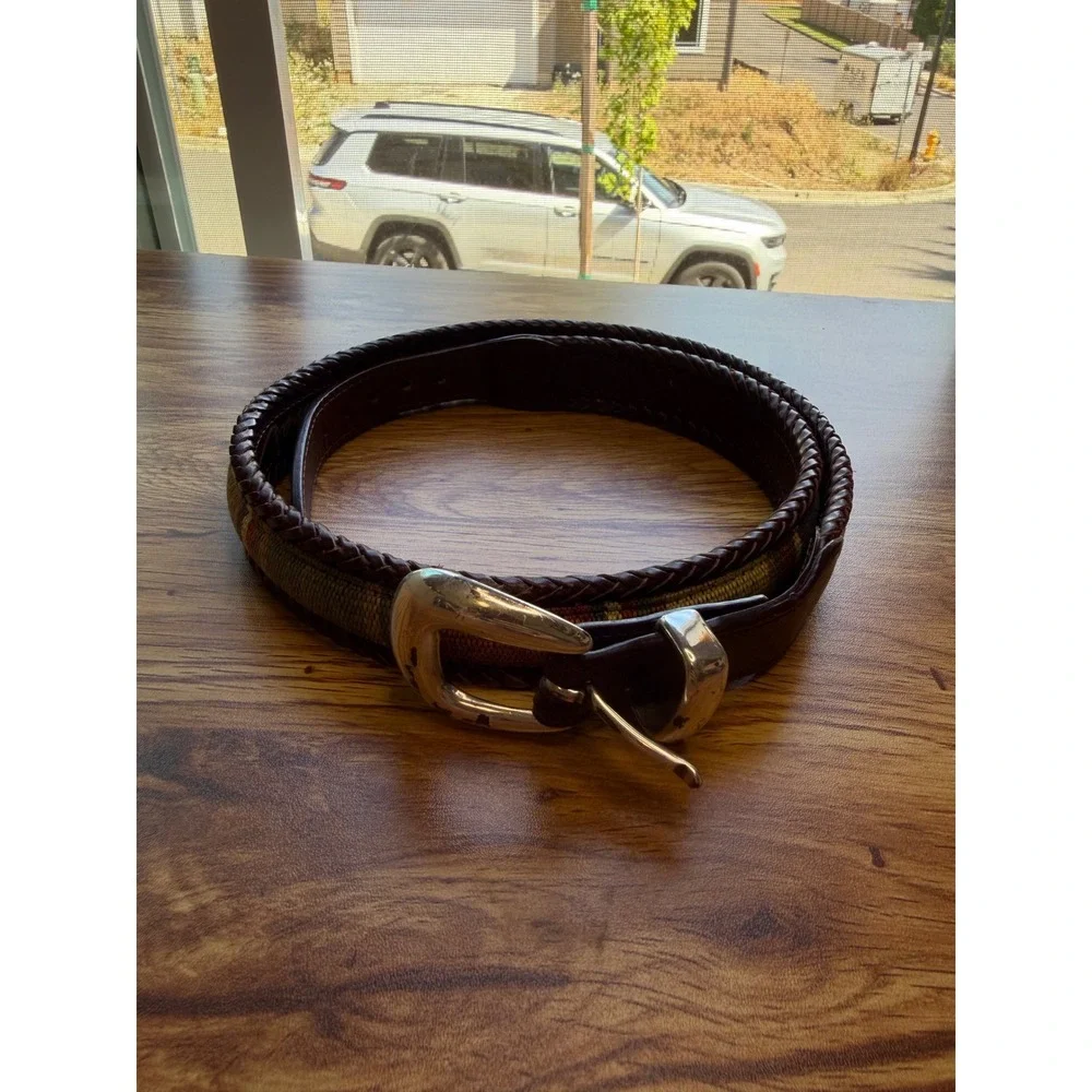 Brighton Men's Brown Braided Leather Plaid Woven Belt 36 Silver Buckle 67506